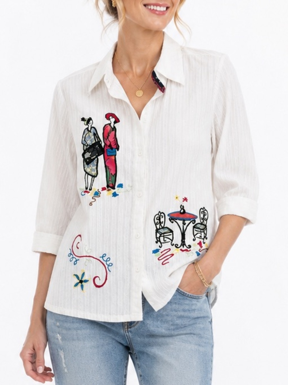 VTG Y2K Graff by UM Company Embroidered Parisian Cafe Soft Woven White Blouse M